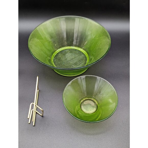 1960s MCM Norse Limelight Chip Dip Set | Federal Glass Green Mid-Century Ribbed - Picture 4 of 9